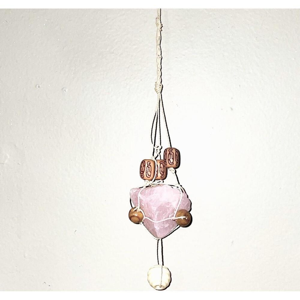 macrame wall hanging rear view mirror crystal rose quartz boho witchy gemstone